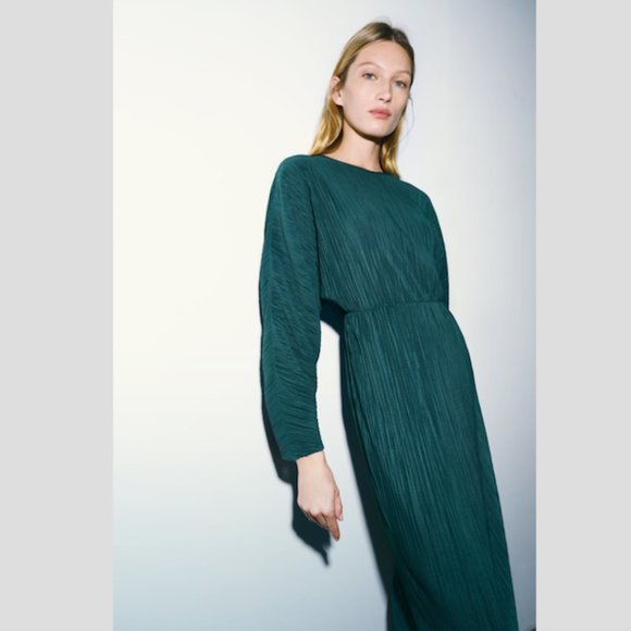Zara Pleated Midi Dress Teal Sz Medium NWT - Picture 3 of 9